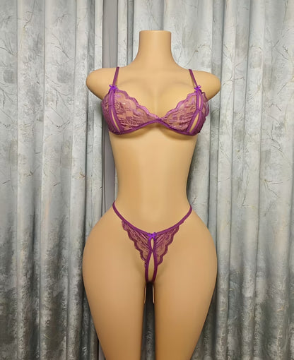 Sultry Purple Floral Lace Lingerie Set – Sheer Cut-Out Bralette & Matching High-Leg Strappy Thong -One Size AMA