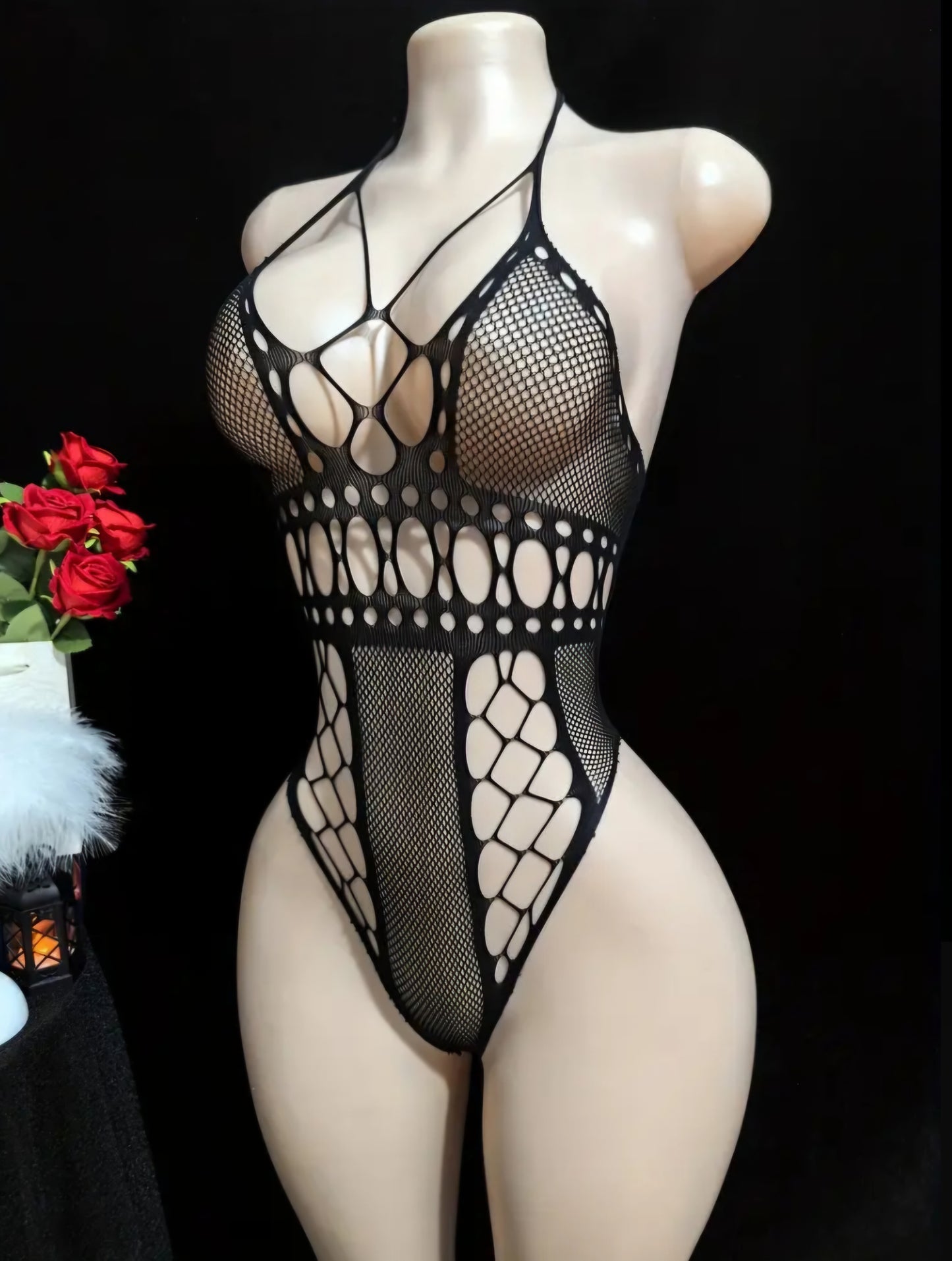 Daringly Sheer: 1pc Sexy Halter Neck Lace Mesh Hollow-Out Bodysuit Lingerie - One Size