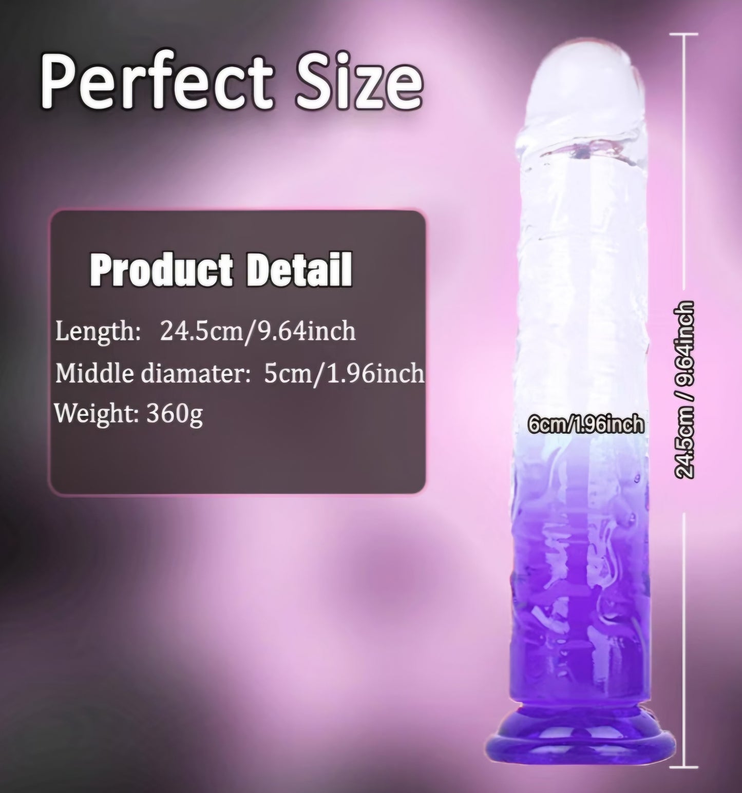 Realistic Clear Dildo No Balls, 9.6 inch Soft G Spot Dildo with Strong Suction Cup, Gradient Purple Lifelike Long Anal Dildo Penis Sex Toys for Beginner Women/Men/Gay AMA