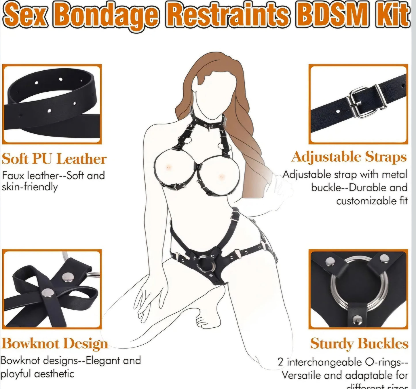 BDSM Bondage Sex Strap Restraint Kit Adult Sex Toy with Sexy Lingerie Breast Harness Strapon, Strap On Harness for Women Pegging Dildo, Adjustable Bondage Gear for Couple Lesbian Gay Vaginal Anal Play