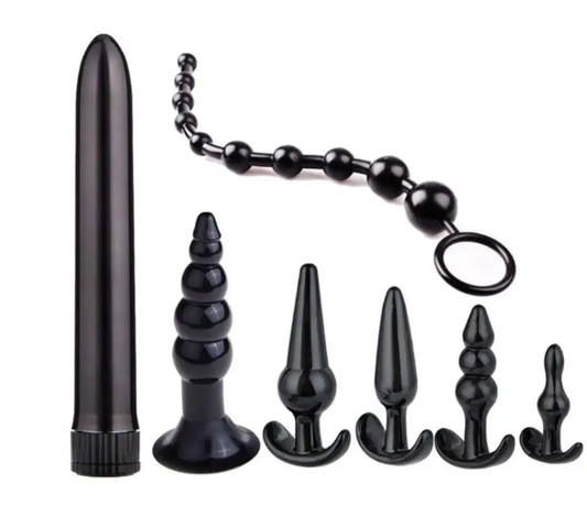 7-Piece Anal Play Kit - Silicone Butt Plugs with Suction Base, Beaded Anal Beads, and Bullet Vibrator - BDSM Slave Game Set for Beginners & Pros (Available June 13th)