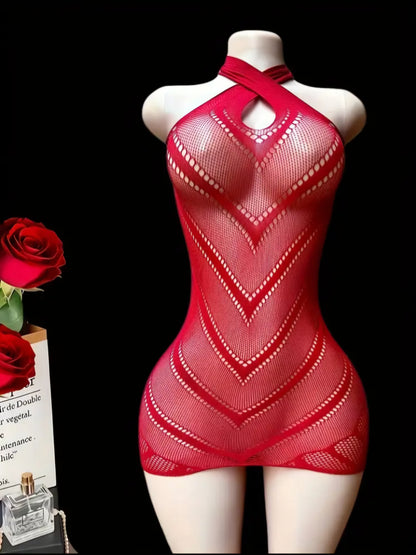 Crimson Sheer Fishnet Halter Mini Dress – Geometric Mesh Babydoll for Themed Parties & Performance Lingerie (One Size)
