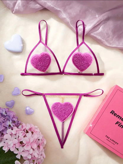 Deep Purple Heart-Appliqué Lingerie Set – Sheer Mesh Bralette & Chain-Linked Thong. Size L