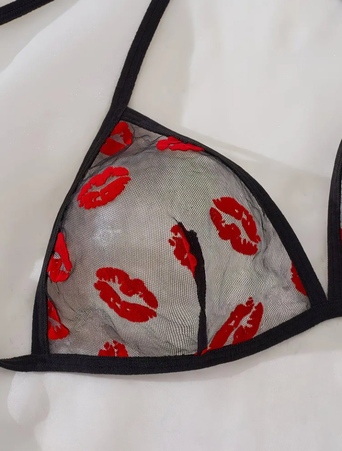 2-Piece Sheer Mesh Lingerie Set - Red Lips Print Halter Bra & Strappy Thong Set, Size L