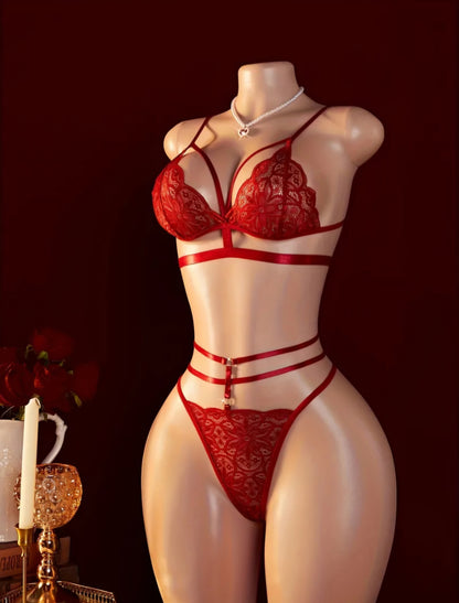 Radiant in Red: Contrast Lace & Sheer Mesh Lingerie Set. Size L.