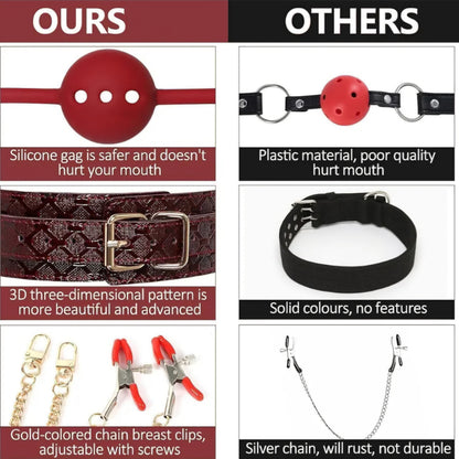 BDSM Kit Sex Bondage Restraints, 5Pcs Bondage Set Couple Sex Toys with Adjustable Red Leather Ankle Thigh Sex Cuffs & Handcuffs, BDSM Sex Restraints Adult Toy AMA