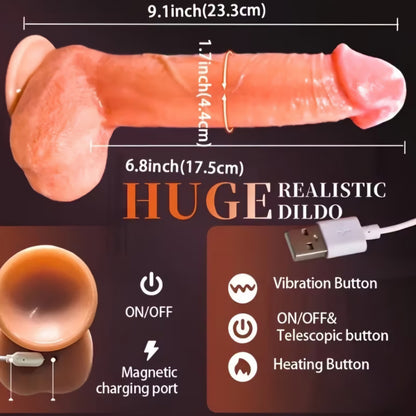Ultra-Realistic 9.1" Dual-Motion Dildo: 9 Vibration & 7 Thrusting Modes with Suction Base