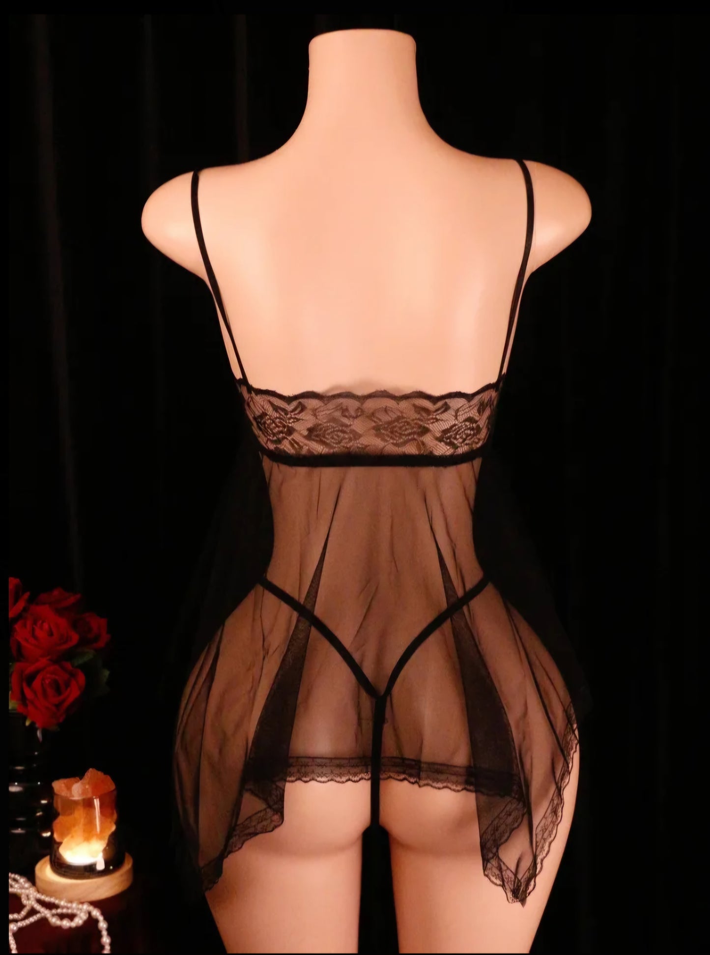 Midnight Lace & Mesh Babydoll Set – Sheer Mini Nightgown with Push-Up Detail & Matching Thong. One Size