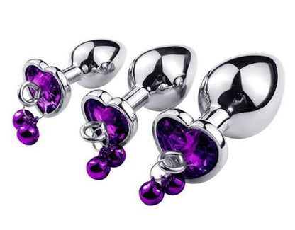 3-Piece Stainless Steel Heart Gem Butt Plug Set with Danging Bells (S, M, L)