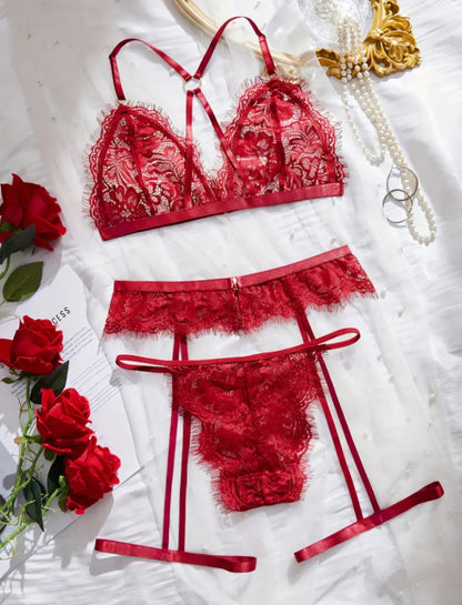 🌹 Sensual 3-Piece Red Eyelash Lace Lingerie Set - Size M 🌹