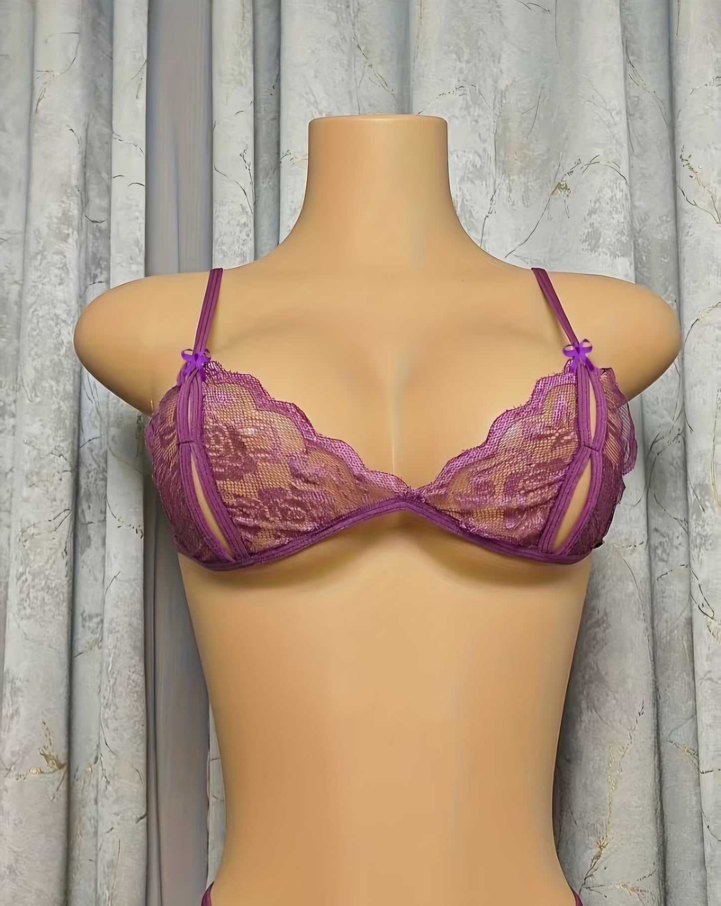 Sultry Purple Floral Lace Lingerie Set – Sheer Cut-Out Bralette & Matching High-Leg Strappy Thong -One Size AMA