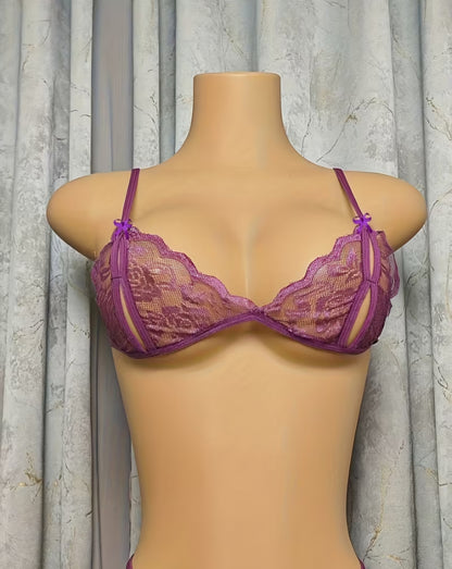 Sultry Purple Floral Lace Lingerie Set – Sheer Cut-Out Bralette & Matching High-Leg Strappy Thong -One Size AMA