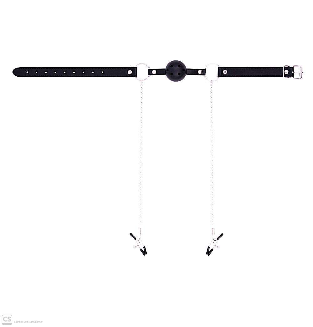 2-in-1 Leather Ball Gag & Nipple Clamps Set – Premium Adult Restraints