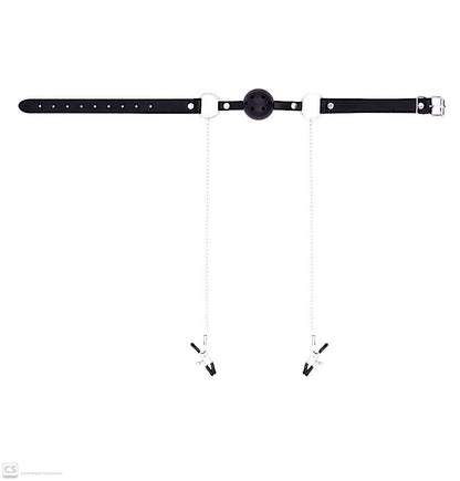 2-in-1 Leather Ball Gag & Nipple Clamps Set – Premium Adult Restraints