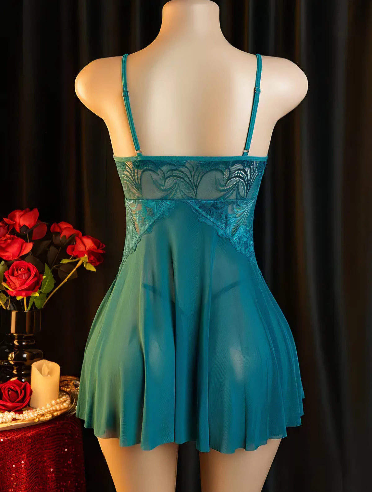 Elegant Emerald Green Lace & Mesh Babydoll Lingerie Nightgown – Size L