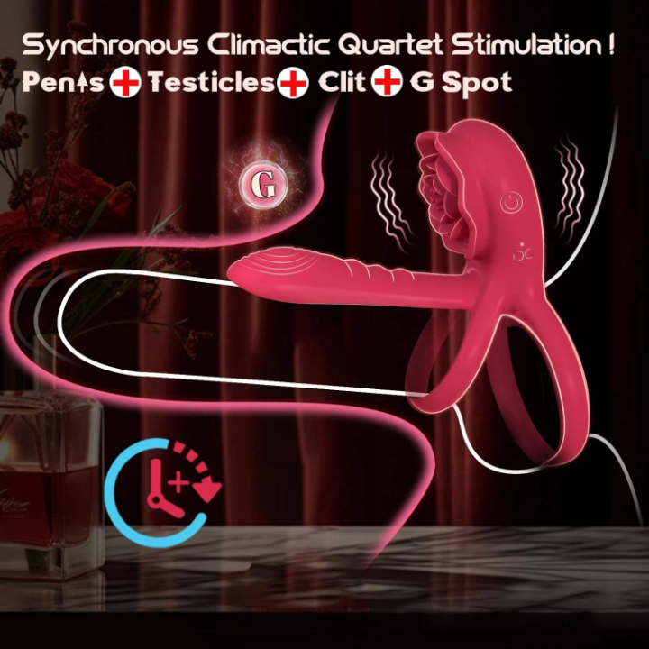 Rose Vibrating Cock Ring with G-Spot Stimulator & Testicle Loop for Couples