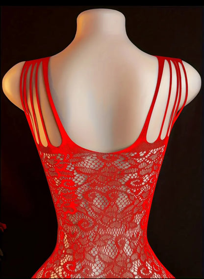 Vibrant Crimson Floral Fishnet Bodysuit – Seamless High-Elasticity Lingerie with Open-Crotch Design. One Size