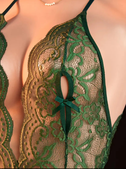 Emerald Enchantment Hollow-Out Teddy – Deep V Backless Lace Bodysuit with Open Crotch & Bow Accents. Size M