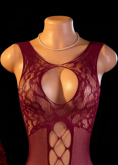 Women's Hollow-Out Lace Bodysuit & Attached Stocking - One Size AMA