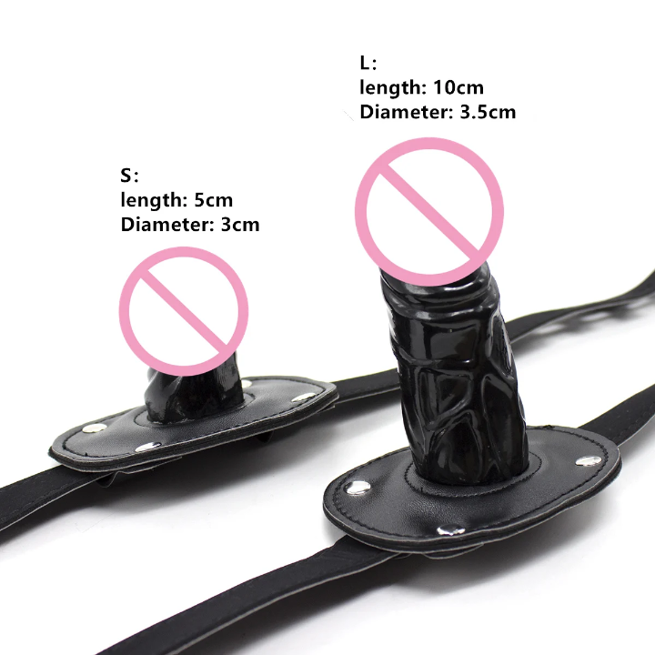 Premium Adjustable Leather Strap Gag Mouth Gag Penis with 3.9" (10cm) Phallic Silicone Gag — Lockable BDSM Restraint Harness (Black)