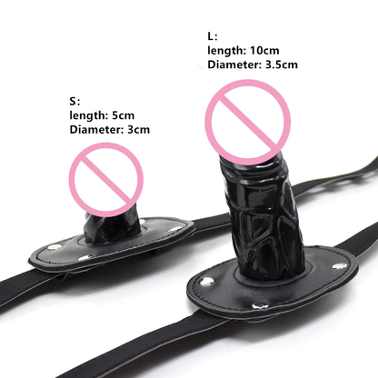 Premium Adjustable Leather Strap Gag Mouth Gag Penis with 3.9" (10cm) Phallic Silicone Gag — Lockable BDSM Restraint Harness (Black)