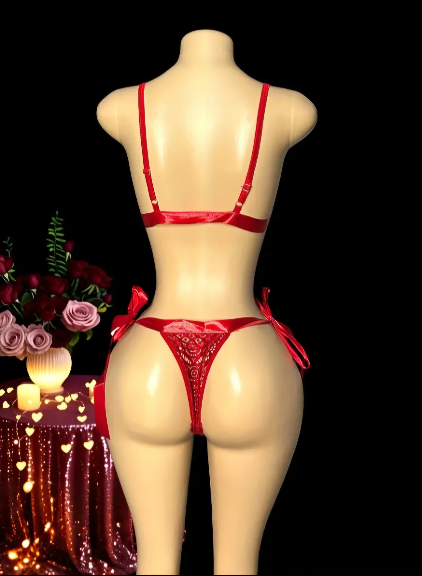 Radiant Romance Lace Lingerie Set – Bold Red Open-Crotch Bra & Panty Set with Satin Bow Accents, Size L.