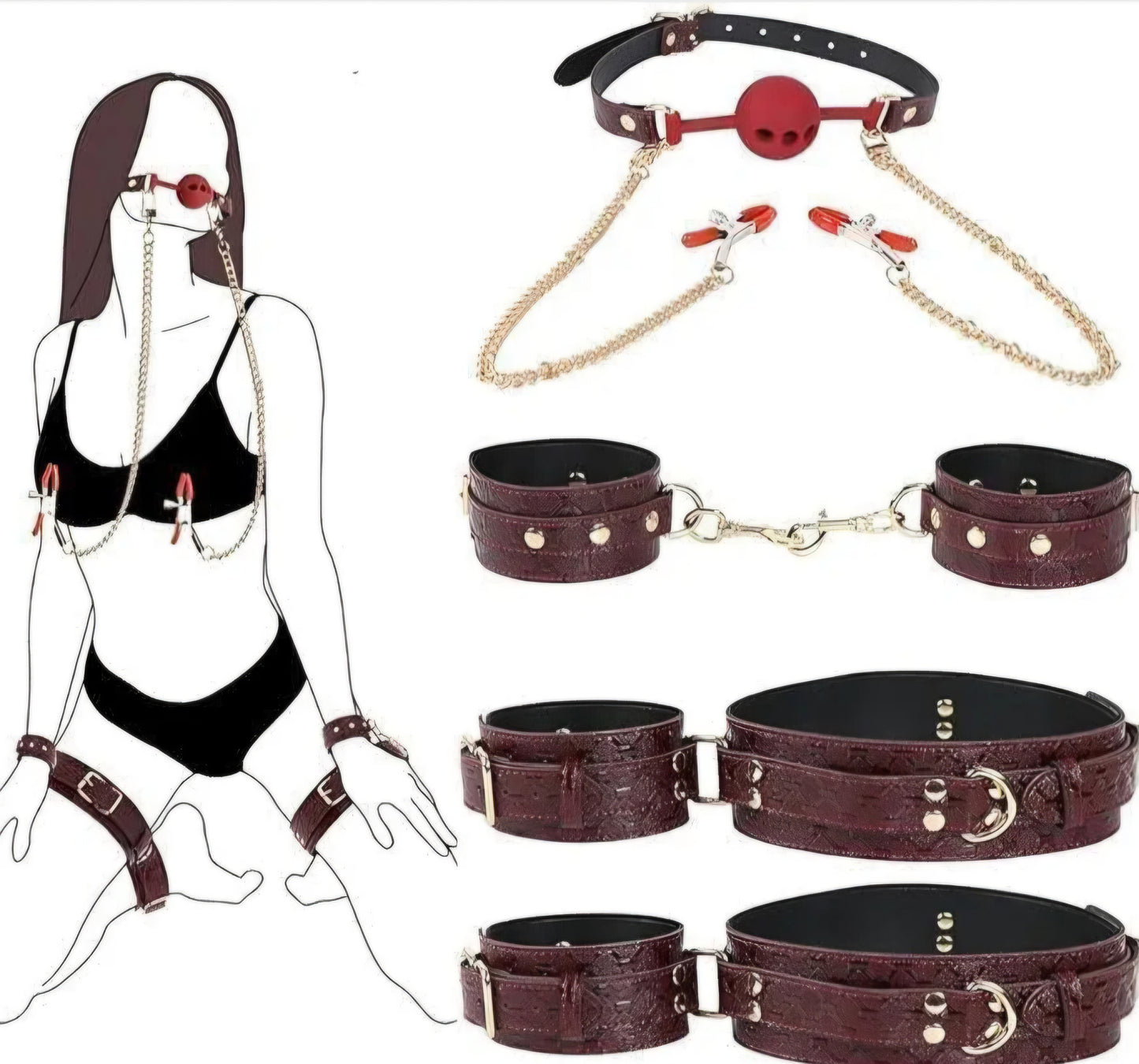 BDSM Kit Sex Bondage Restraints, 5Pcs Bondage Set Couple Sex Toys with Adjustable Red Leather Ankle Thigh Sex Cuffs & Handcuffs, BDSM Sex Restraints Adult Toy AMA