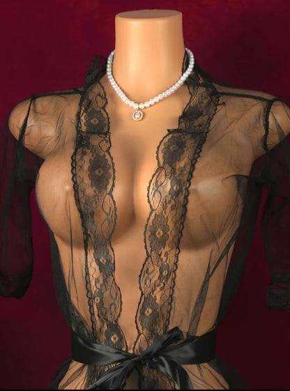 Black Midnight Lace Sheer Robe Set – Semi-Transparent Open-Crotch Nightgown with Satin Sash & Thong. One Size