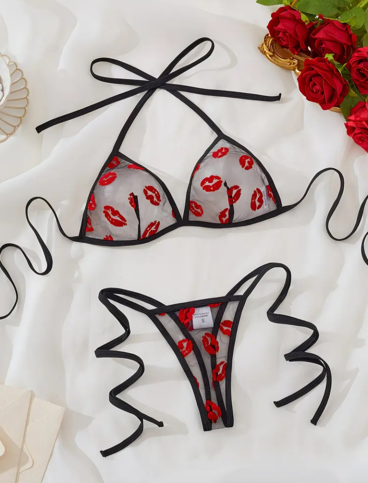 2-Piece Sheer Mesh Lingerie Set - Red Lips Print Halter Bra & Strappy Thong Set, Size L
