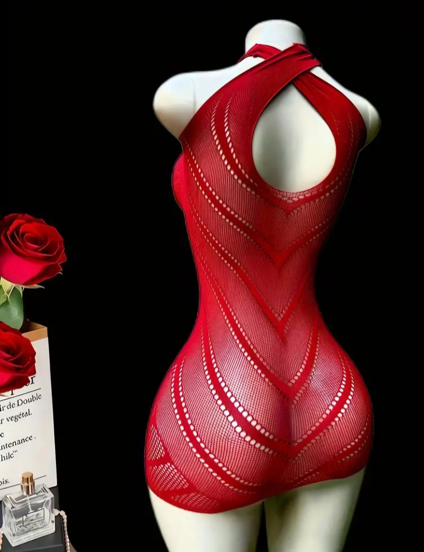 Crimson Sheer Fishnet Halter Mini Dress – Geometric Mesh Babydoll for Themed Parties & Performance Lingerie (One Size)