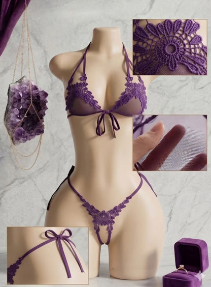 Elegance & Allure: Ultra-Delicate Purple Lace Adjustable Lingerie Set. One Size AMA