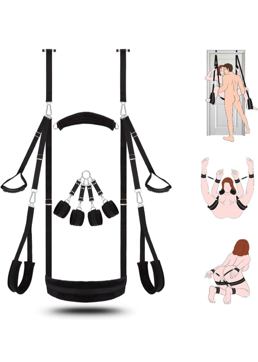 Sex Swing BDSM Bondage Restraints Kit-UTIMI 2 in 1 Door Swing & Sex Restraints Wrist & Thigh Ankle Restraint Cuffs Neck to Leg Sex Toy w/Handcuffs & Leg Straps Adult Sex Toys Couples，Black Sm Sets