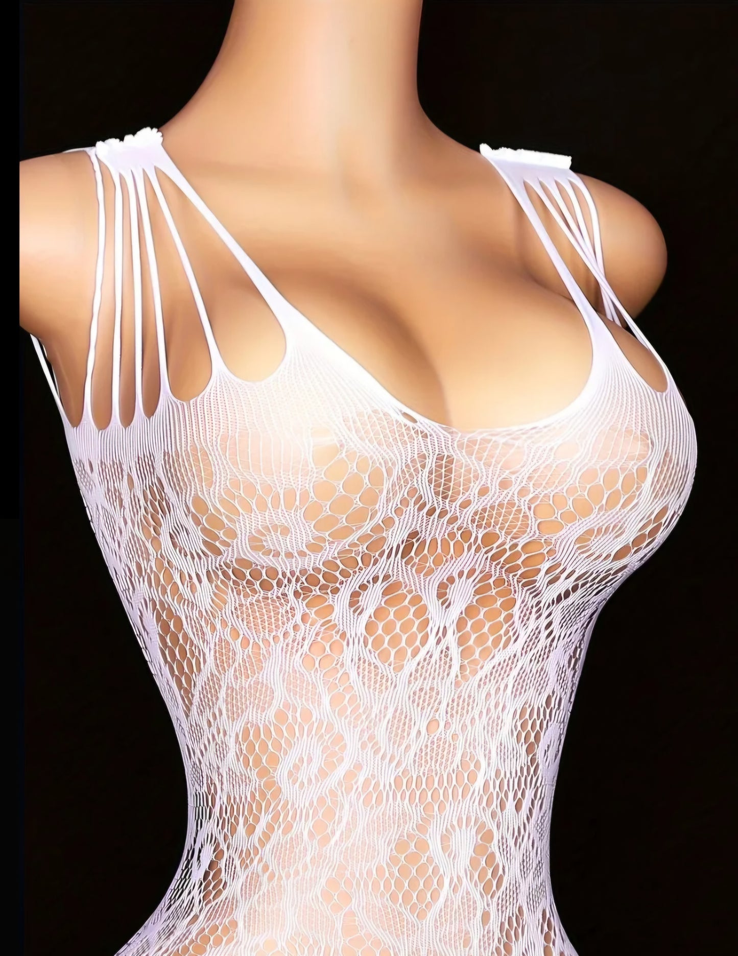 White Pearl Jacquard Mesh Bodysuit – High-Elasticity Suspender Lingerie with Butt-Lifting Design. One Size.