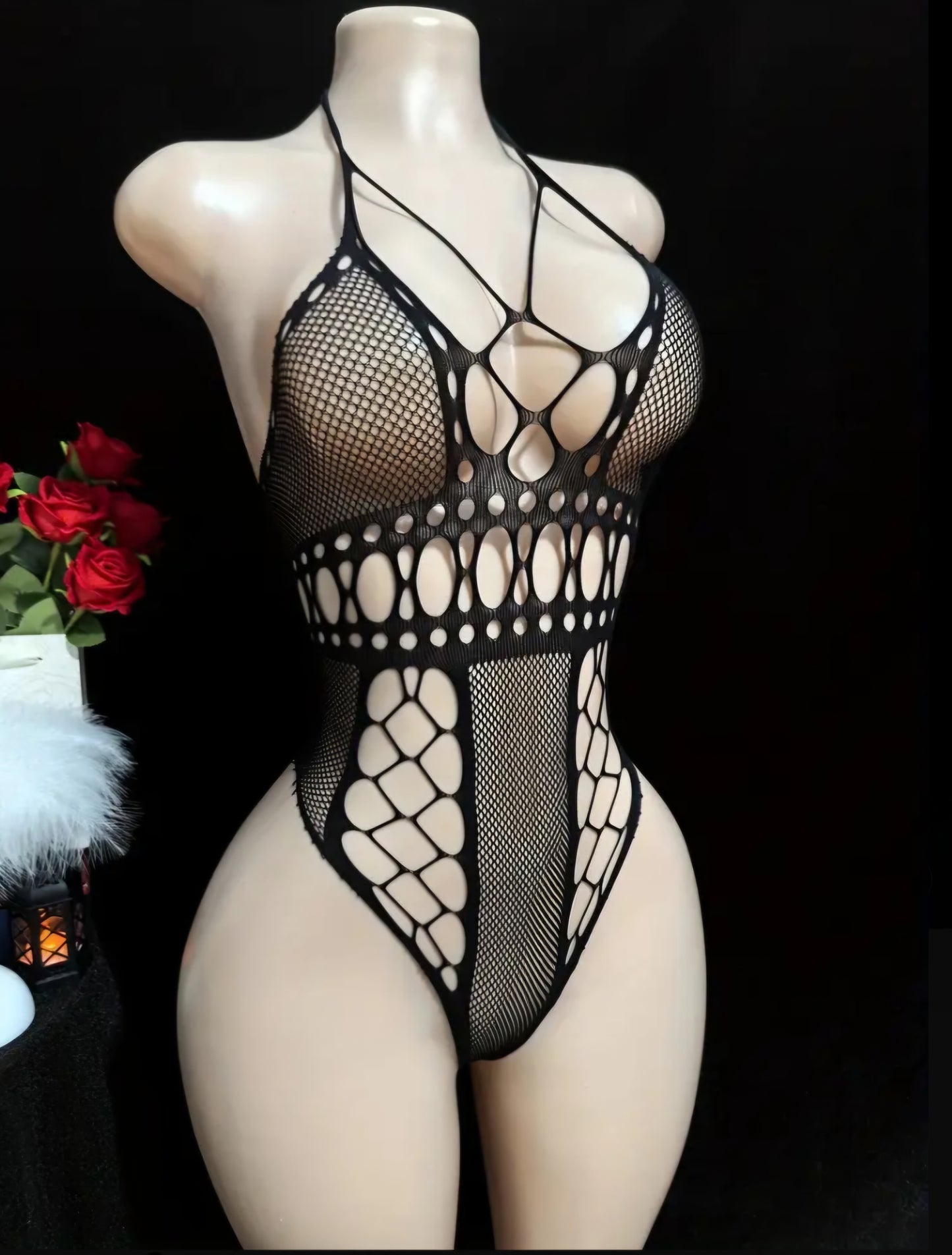 Daringly Sheer: 1pc Sexy Halter Neck Lace Mesh Hollow-Out Bodysuit Lingerie - One Size
