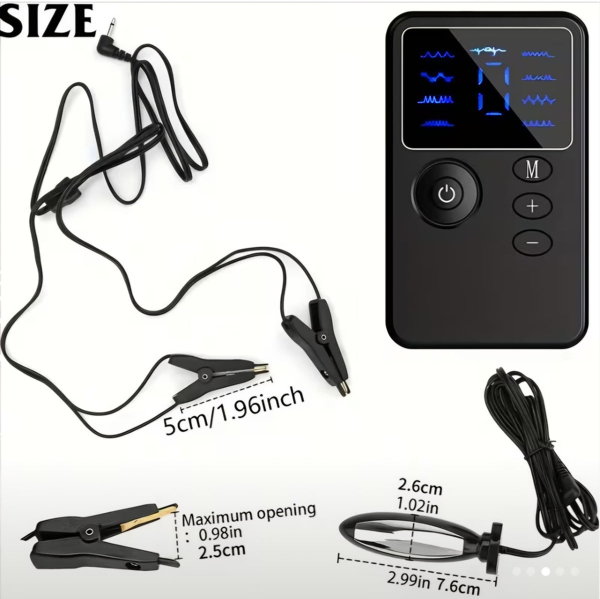 4-Piece Electric Shock Pulse Stimulation Kit with Nipple Clips, Metal Plug, and Digital Power Unit