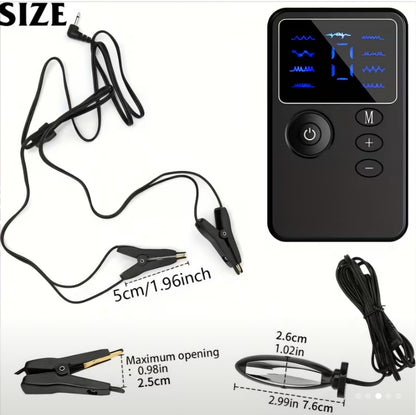 4-Piece Electric Shock Pulse Stimulation Kit with Nipple Clips, Metal Plug, and Digital Power Unit