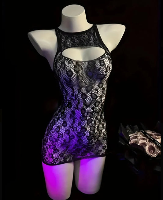 Gothic Glamour Keyhole Fishnet Mini Dress – Sheer Lace Bodycon Lingerie/Cover up. One Size