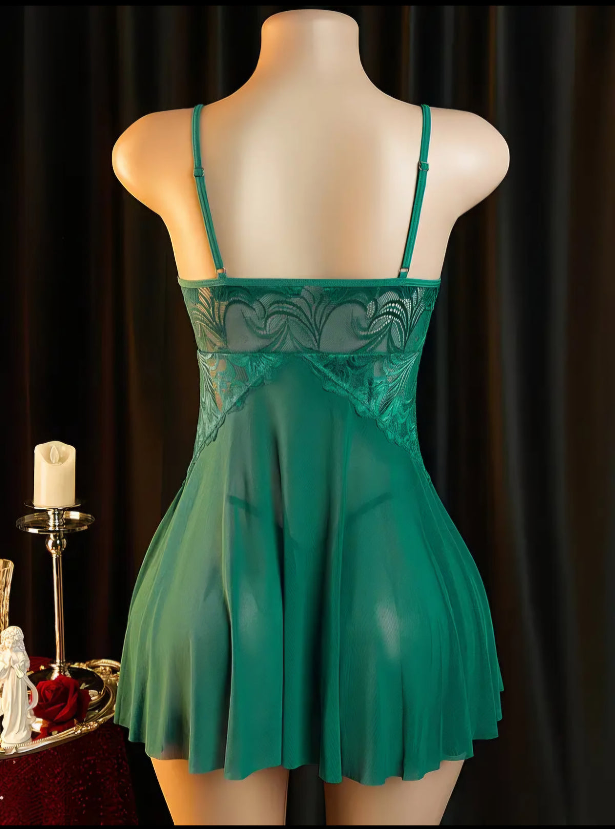 Elegant Emerald Green Lace & Mesh Babydoll Lingerie Nightgown – Size L