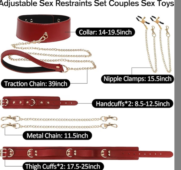 BDSM Sex Bondage Restraint Kit – Adjustable Leather Handcuffs, Thigh Cuffs, Collar with Nipple Clamps & Chains – Comfortable SM Gear Gifts for Women Couples Beginners