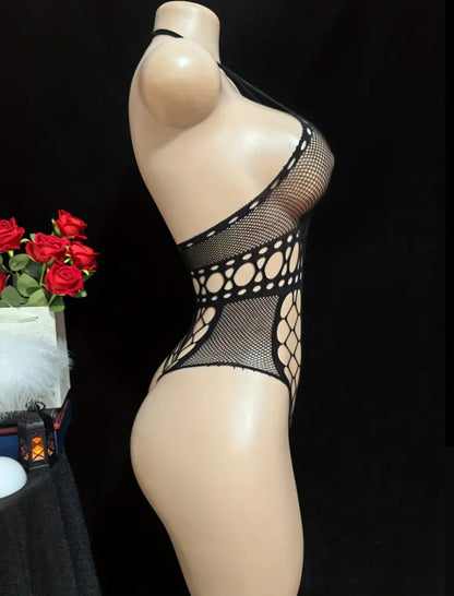 Daringly Sheer: 1pc Sexy Halter Neck Lace Mesh Hollow-Out Bodysuit Lingerie - One Size