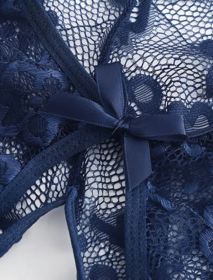 Navy Midnight Lace Seduction Jumpsuit – Backless Hollow-Out Teddy with Scalloped Trim. Size S.