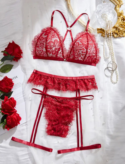 🌹 Sensual 3-Piece Red Eyelash Lace Lingerie Set - Size M 🌹
