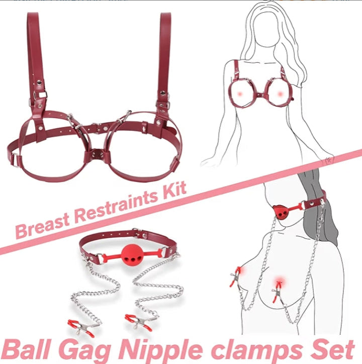 BDSM Sex Bondage Breast Restraints, B to D Cup Chest Harness Boobs Cincher with Silicone Ball Gag & Nipple Clamps, Sex Harness Kinky Lingerie Bra SM Games Sex Toys for Women Couples Beginner (Red)