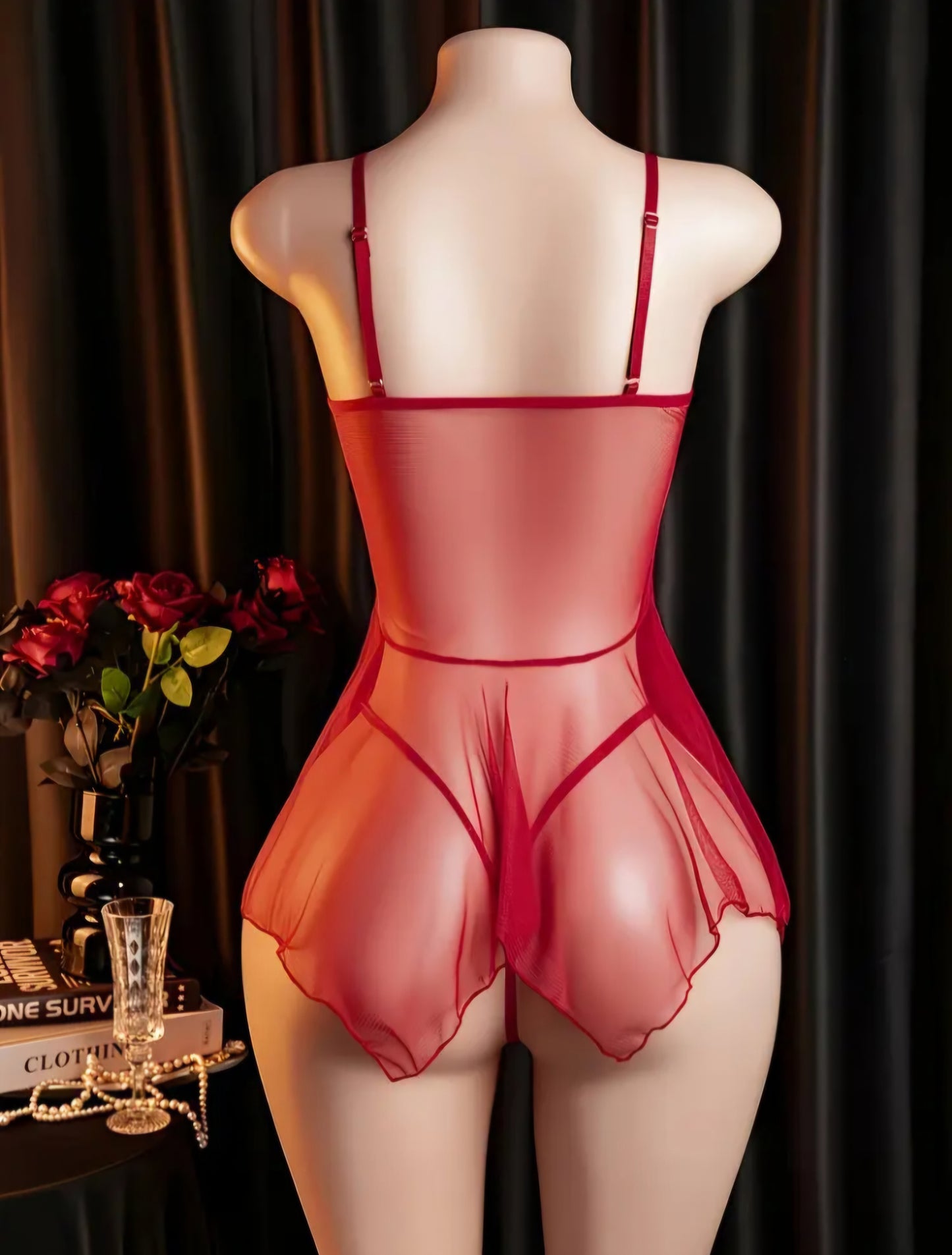 Elegant Red Floral Lace Babydoll Lingerie Set – Sheer Mesh Flyaway Chemise Nightgown with Matching Thong - One Size AMA