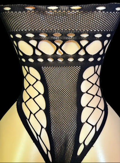 Perspective Mesh Hollow-Out Siamese Bodysuit – Plus Size Friendly High-Elasticity Teddy with Open-Crotch Detail, One Size