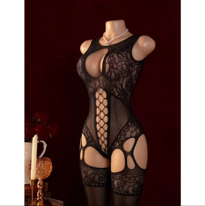 Sexy Cut Out Mesh Bodystocking for Women – Floral Fishnet One-Piece Lingerie Teddy- One Size