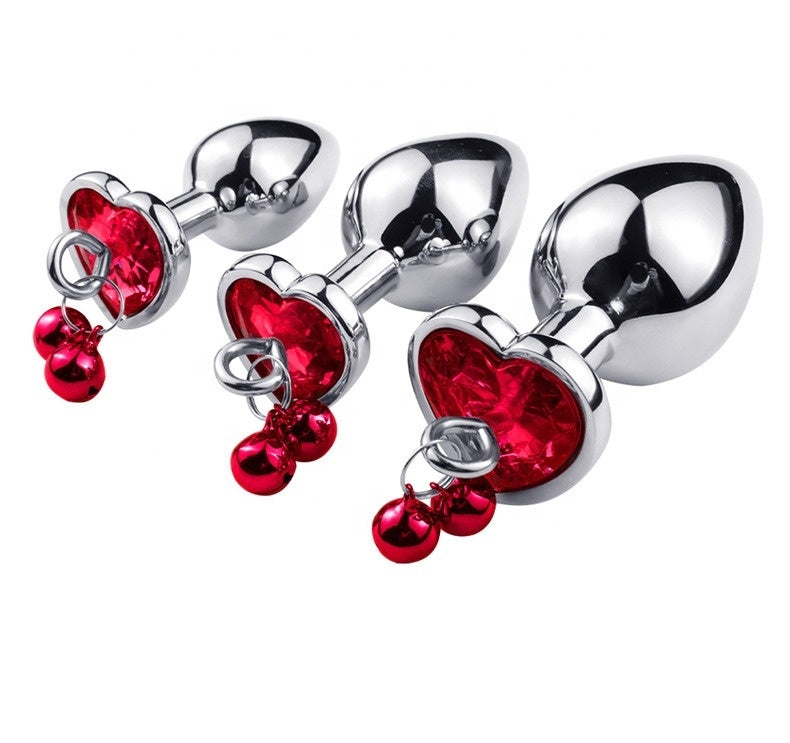 3-Piece Stainless Steel Heart Gem Butt Plug Set with Danging Bells (S, M, L)