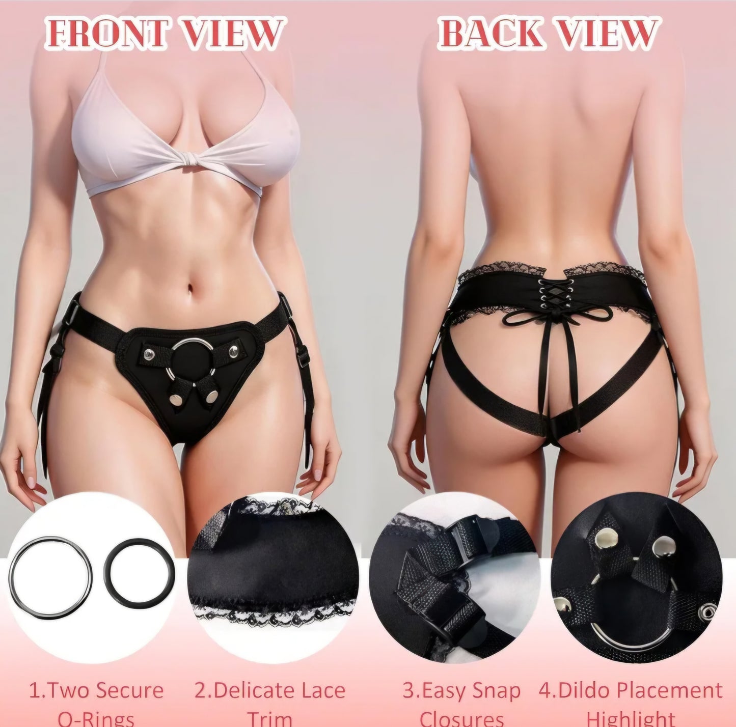 Strap On Wearable Harness for Dildo Play, Adjustable Waist & Hip Strap-On Dildo Holder with Interchangeable Metal O-Rings for Women Men Lesbian Gay Couples Vaginal & Anal Play (Black)