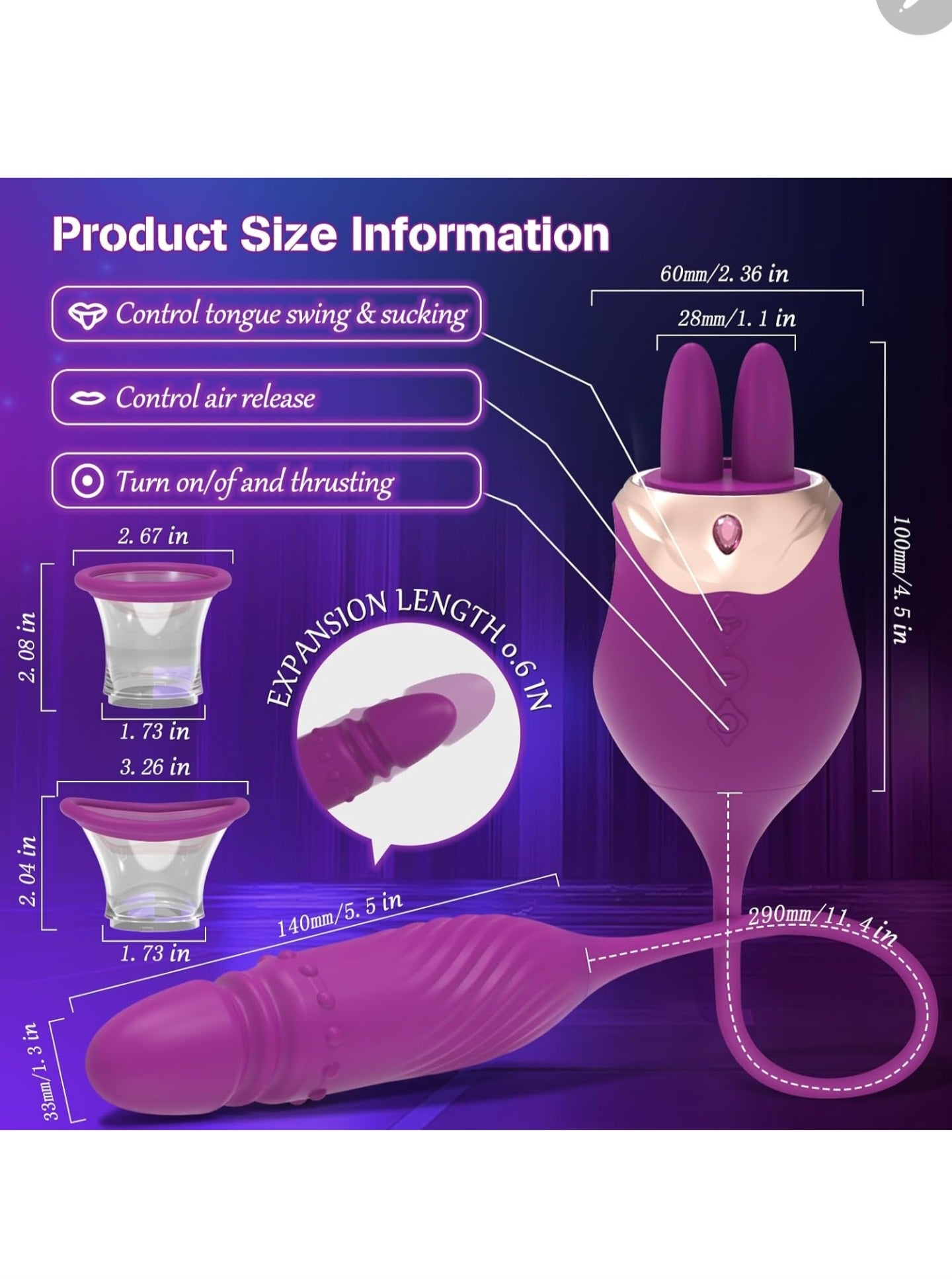 Dildo Vibrator Adult Sex Toys - 4 in 1 Sexual Tool with 4 Double-Tongue Licking & 4 Vacuum Sucking & 4 Vbriating & 3 Thrusting Modes, Anal G Spot Clitoral Nipple Vibrators for Couples Women (Purple)