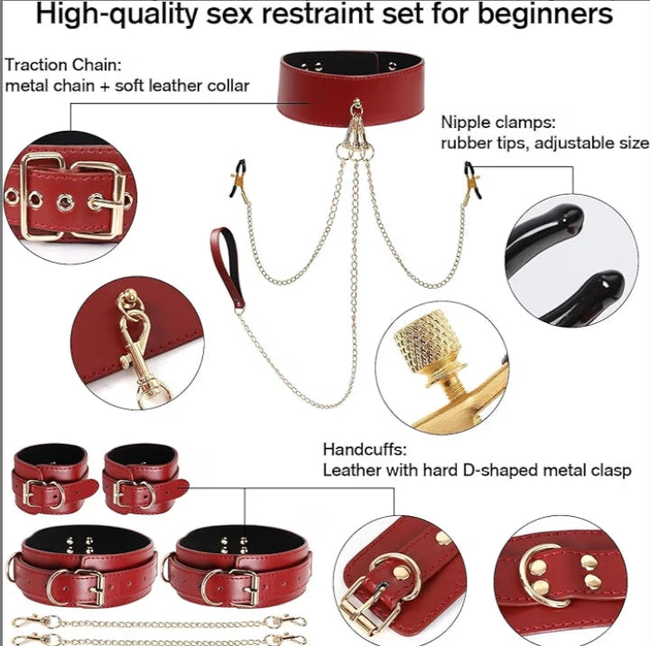 BDSM Sex Bondage Restraint Kit – Adjustable Leather Handcuffs, Thigh Cuffs, Collar with Nipple Clamps & Chains – Comfortable SM Gear Gifts for Women Couples Beginners